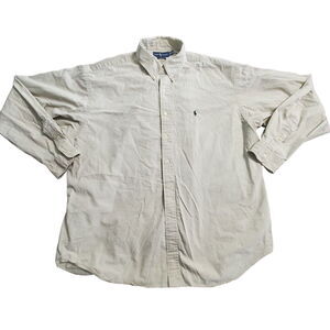 Ralph Lauren Mens Button Up Shirt Tan Size Large Cotton Long Sleeve Blue Pony